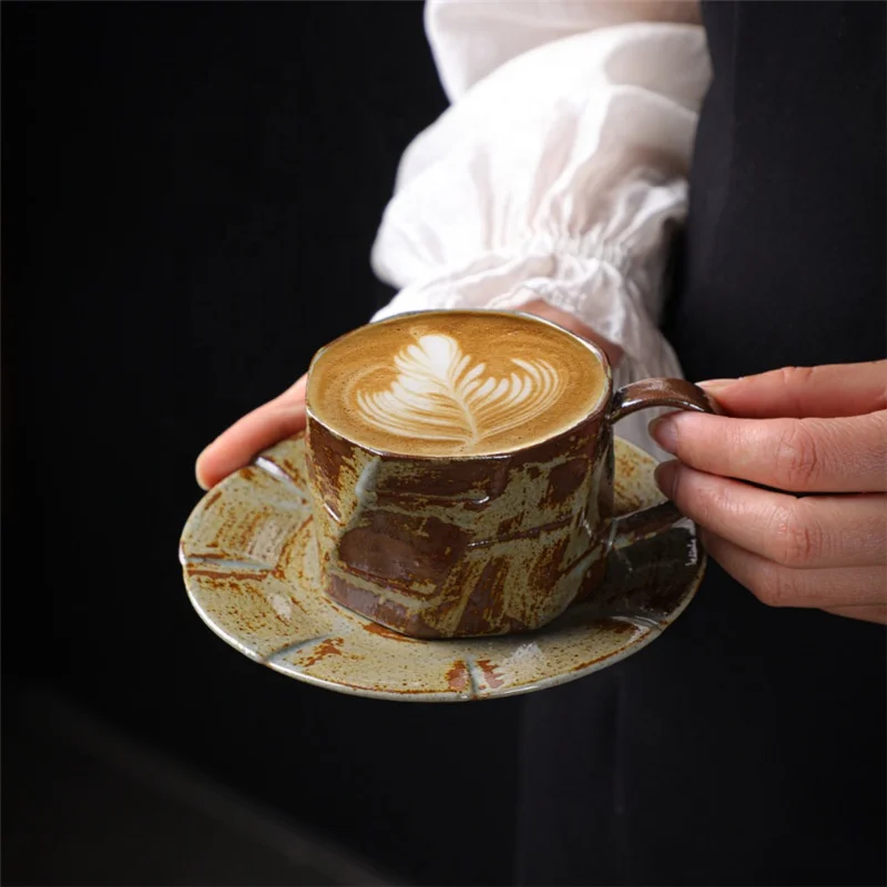 220ml Vintage Coffee Cup Saucer Set Handmade Cappuccino Mug Stoneware Artistic Tea Cup With Tray