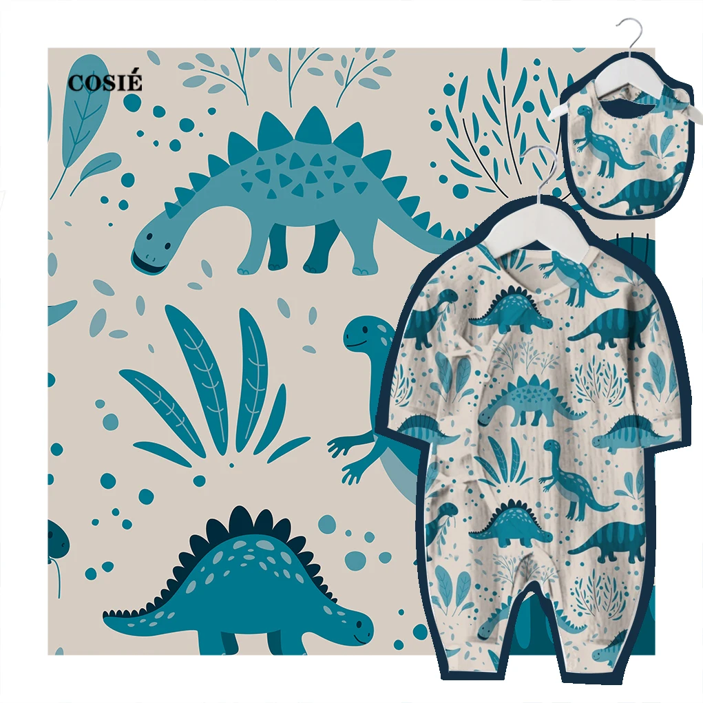 100% Cotton Double Gauze Soft Fabric Baby Dinosaurs Pattern Digital Printed 120GSM Cotton Crepe Fabric For Sleepwear