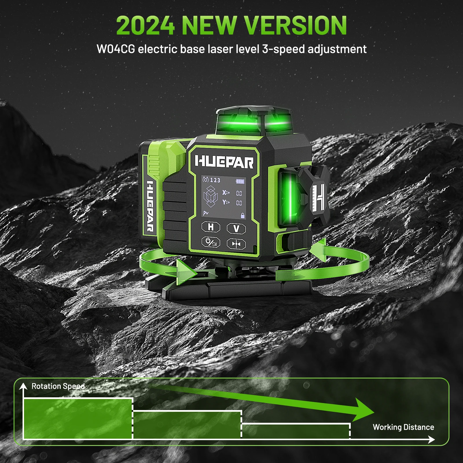 Huepar W04CG Lazer Green Beam Rotary Laser Level Cross 16 Line Tool Rotating Base Compatible With Tripod