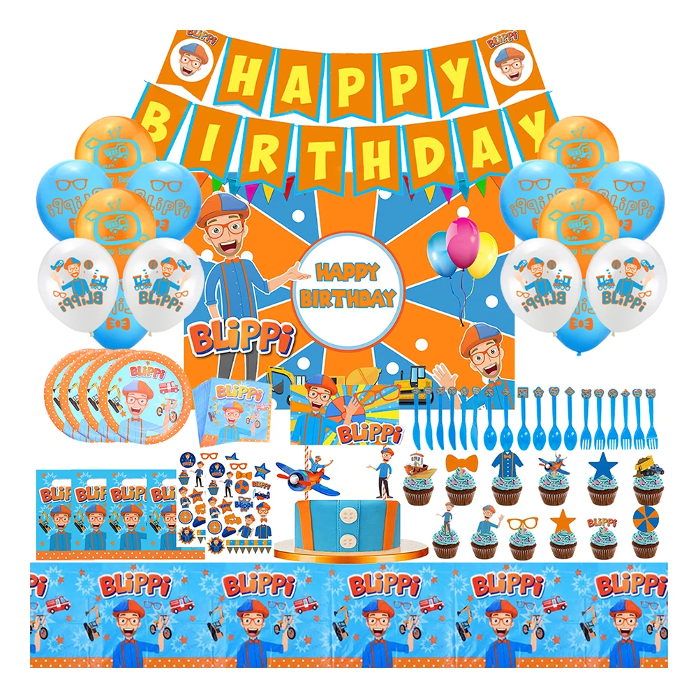 
 RUI YI Blippi Party birthday theme disposable party tableware decoration set meal paper cup paper plate knife and fork  