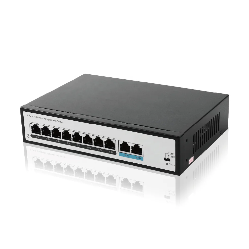 8 100Mbps +2 Gigabit Desktop OEM Ethernet Switch AI Port Automatic Restart Power Supply Adapter 250m Distance Output PoE Sw