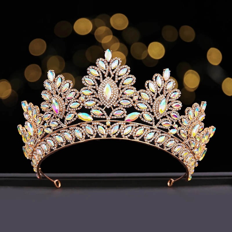cheap large beauty queen crowns tall bridal wedding tiaras colorful AB leaf crystal crown for king
