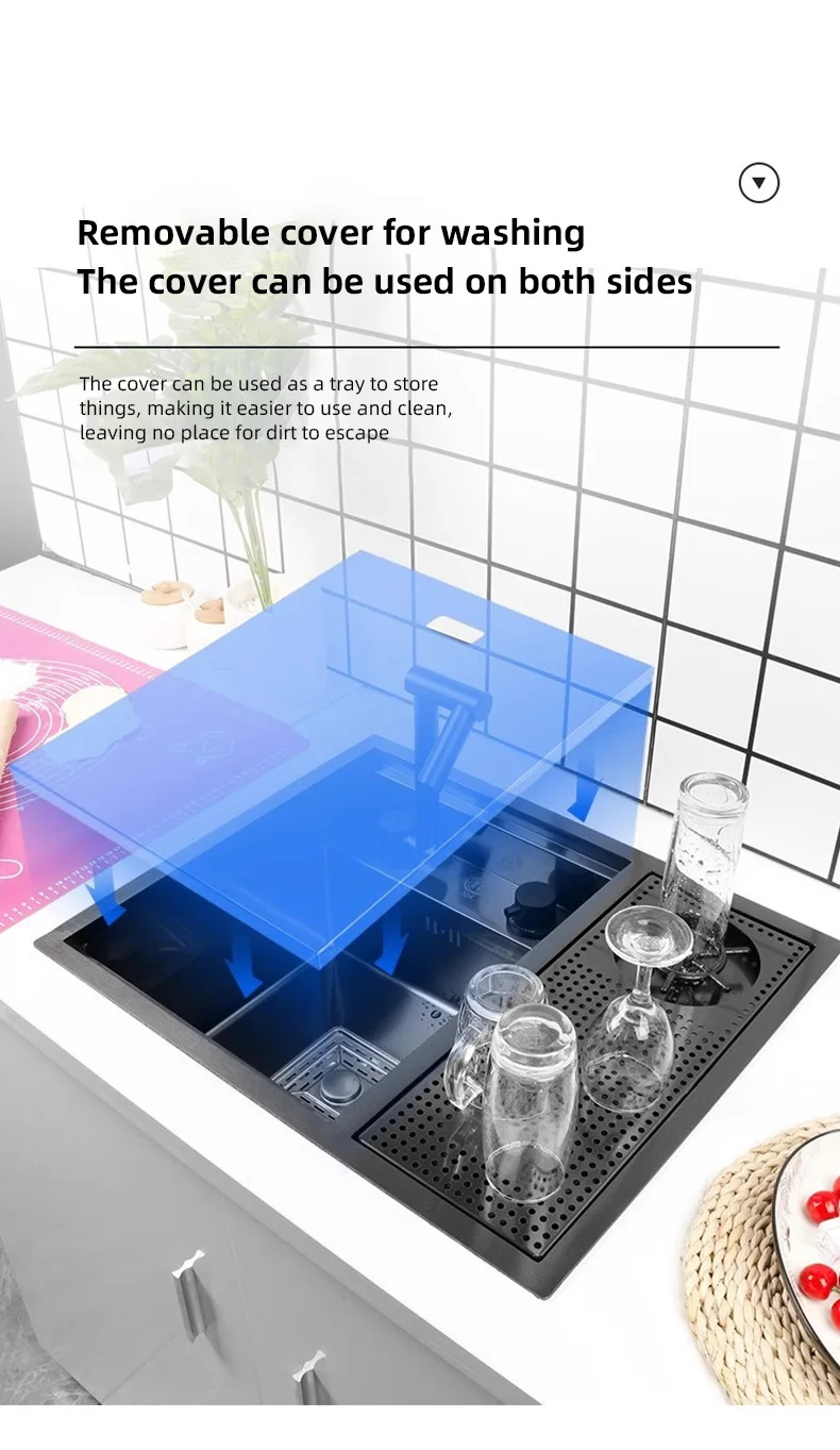 New Trend black Hidden kitchen Bar Counter Sink Cover Concealed Single Kitchen Small Size sink Stainless Sink With cup washer