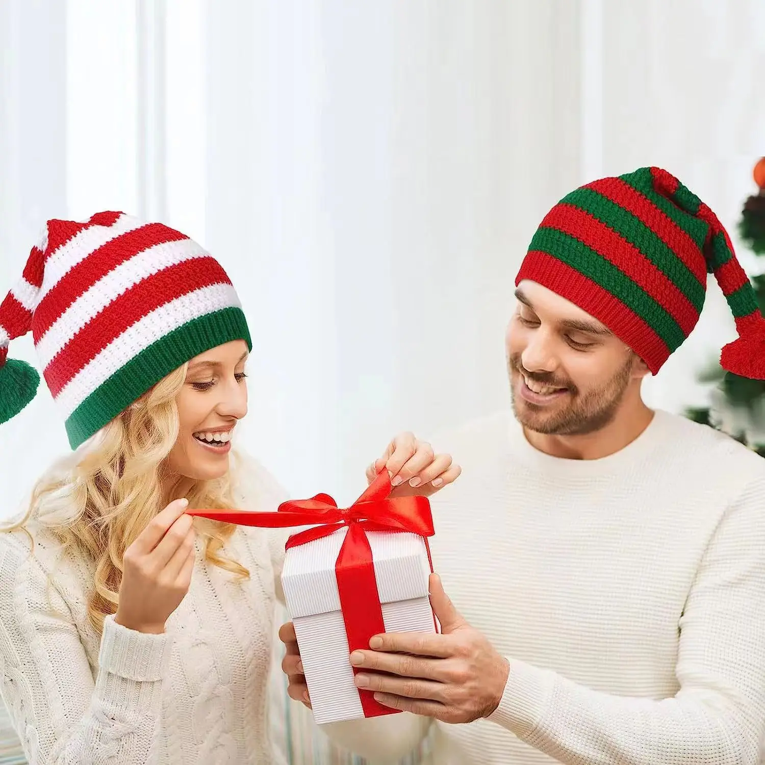 Handmade Red Green Knitted Crochet Beanies New Adult Christmas Elf Santa Style Wholesale Fiber Material Natural False