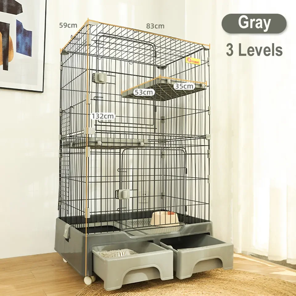 Top Seller Indoor Large Moving Wheels 3 Level Cat House Playpen Cage With Litter Box And Storage