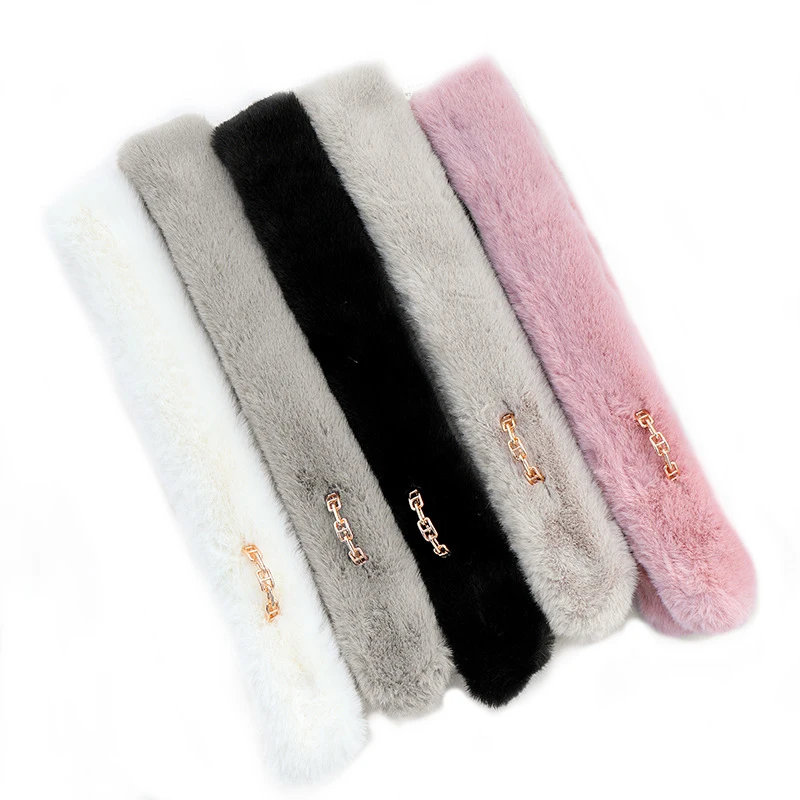 High quality metal button furs neck scarfs imitation fur thick warm plush scarf faux rabbit furs scarf