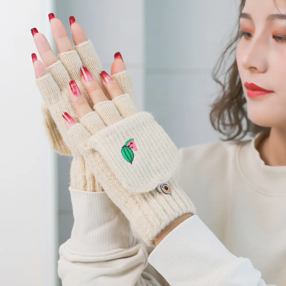 OEM Wool knit clamshell gloves warm versatile fruit print cycling students writing finger gloves