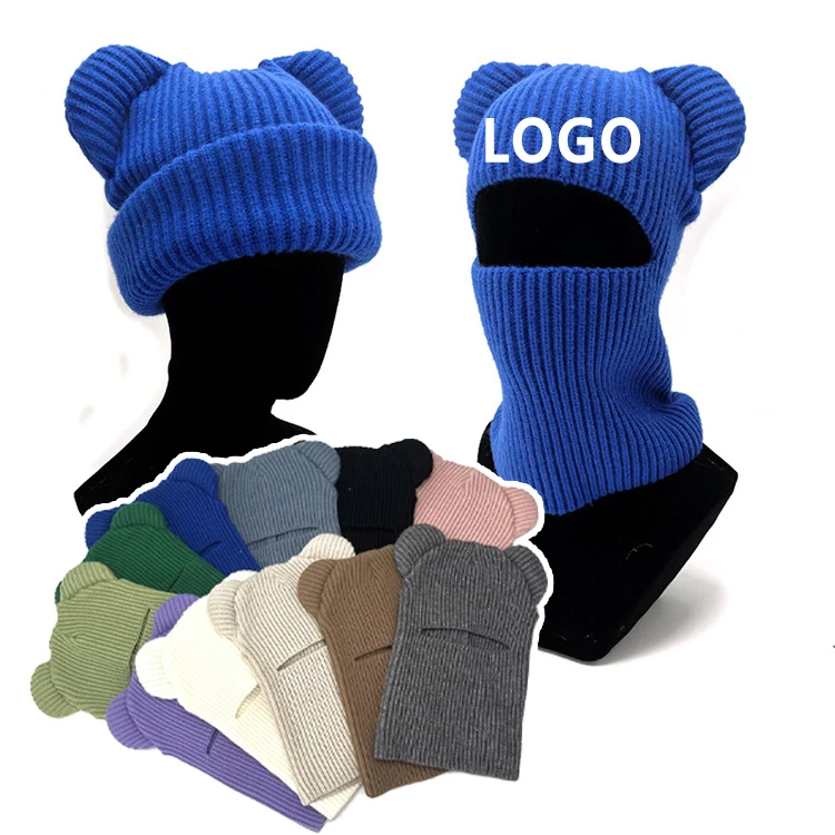 Качественная Балаклава на заказ с 1 отверстием на все лицо, вязаная шапка с помпоном и медвежьими ушками, Теплая Лыжная маска с вышивкой