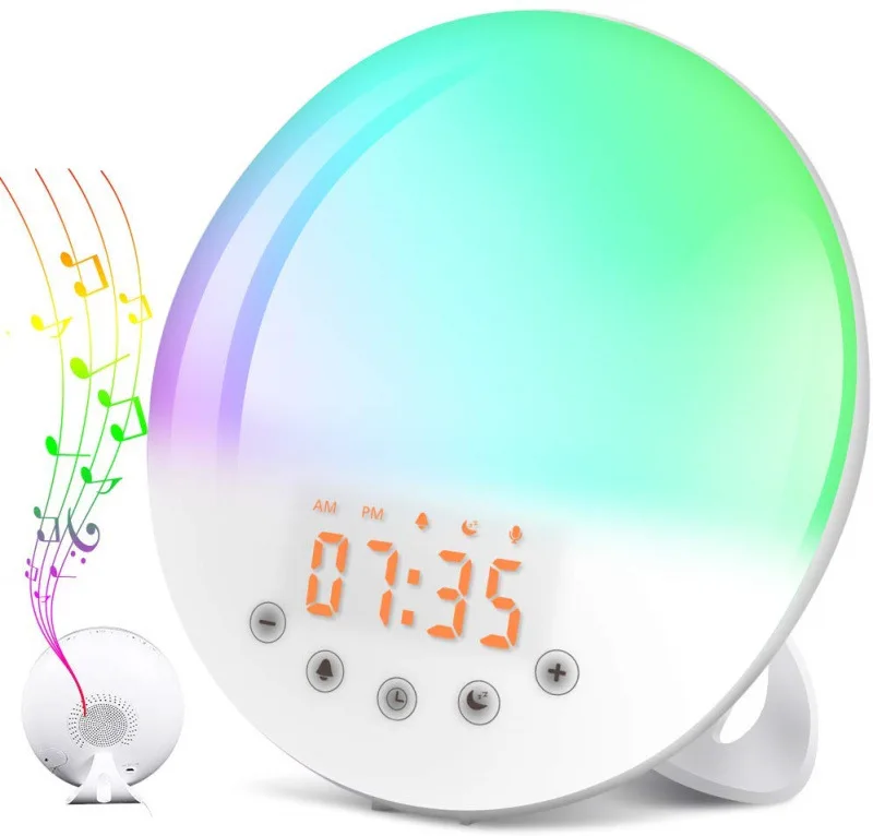 Wake Up Light Alarm Clock Simulates Sunrise Sunset Sleep Light Color FM Radio Table Lamp