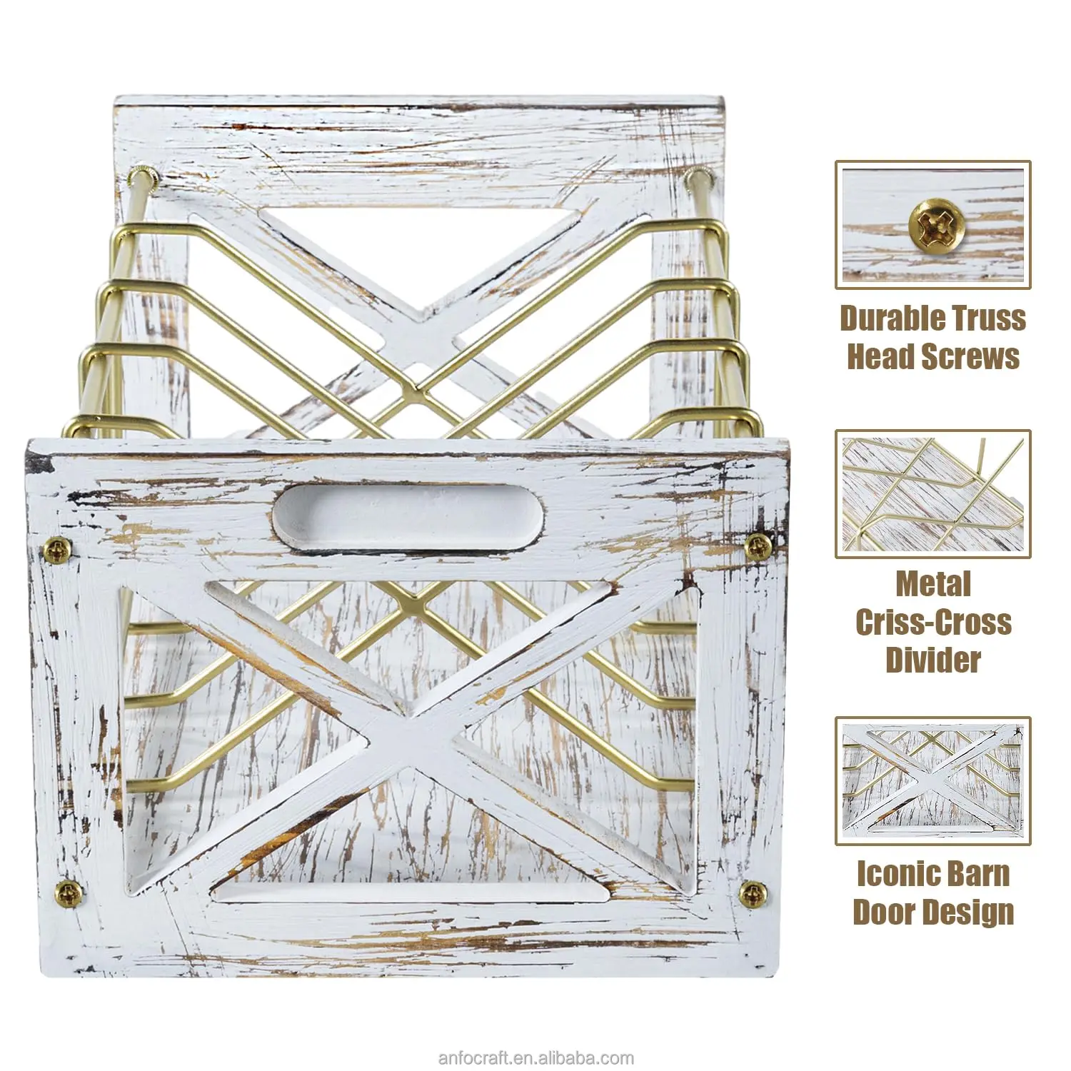 CD Storage Holder, 5-Slot Farmhouse Industrial CD & DVD Storage Rack with Handles Barn Door Rustic Solid Burnt Wood