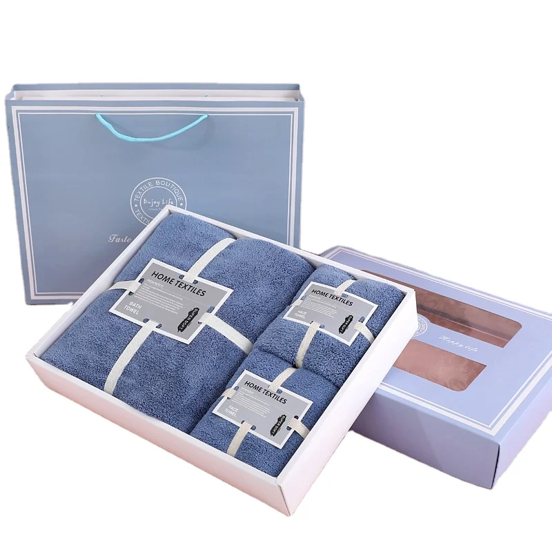 Factory stock water absorbing soft and skin friendly coral velvet combination gift box3-piece set  coral velvet towel bath towel