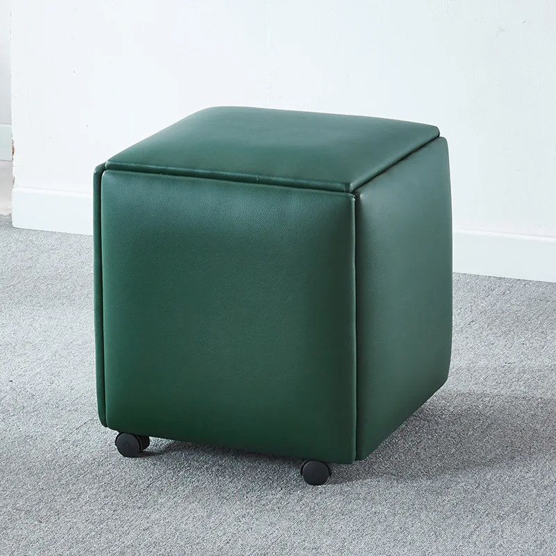 Save space 5 in 1 organized modern square small telescopic padded velvet leather cube box ottoman wheel stool for small house