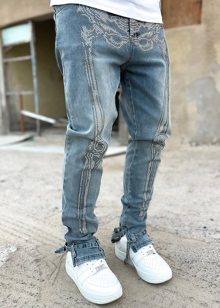 New arrivals sublimation skeleton jeans custom logo rhinestone jeans for men