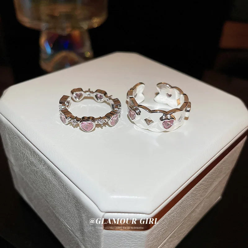 South Korea Zircon Heart-Shaped Open Ring Sweet Personality Design Light Luxury Index Finger Simple All-Matching Graceful