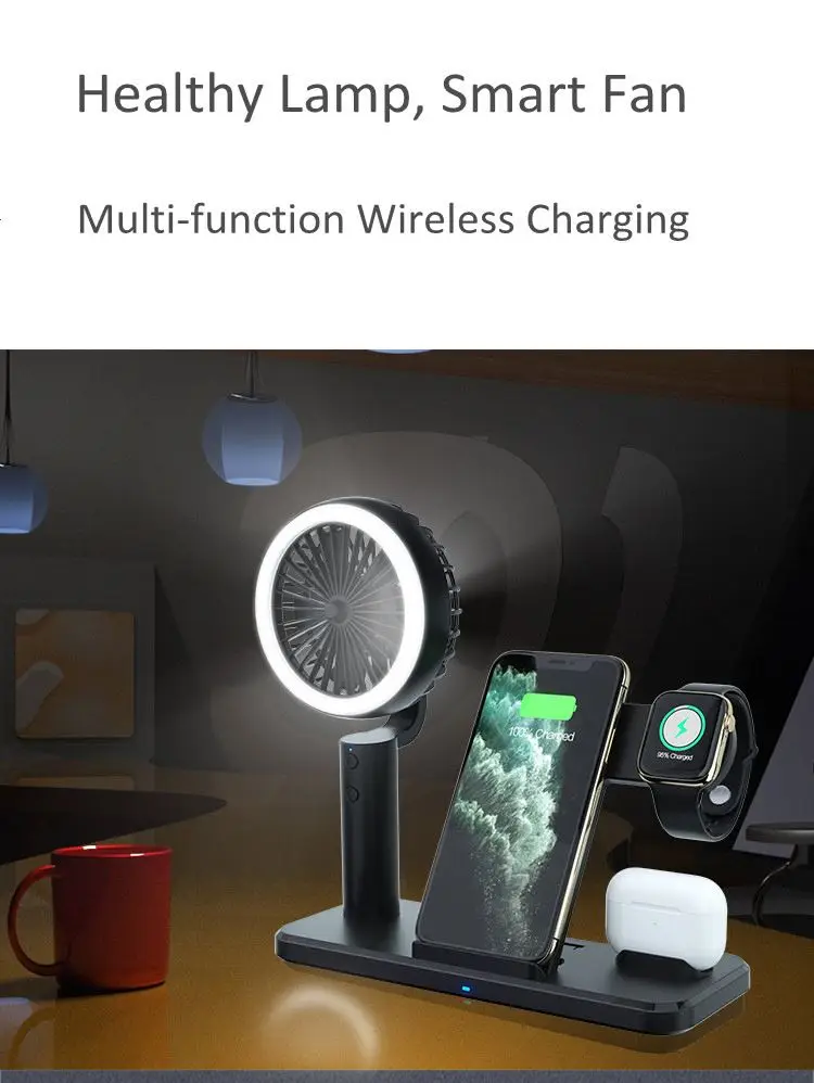 2021 New Arrivals Portable Rechargeable Fan Charging Station for iwatch for airpods for phone for Samsung Wireless Charger