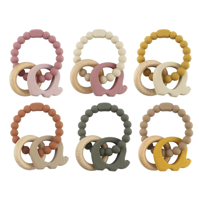 Wholesale Non-toxic Silicone Wood Ring Teether Baby chew Toys Silicone Elephant octopus whale Teething Toys For Baby