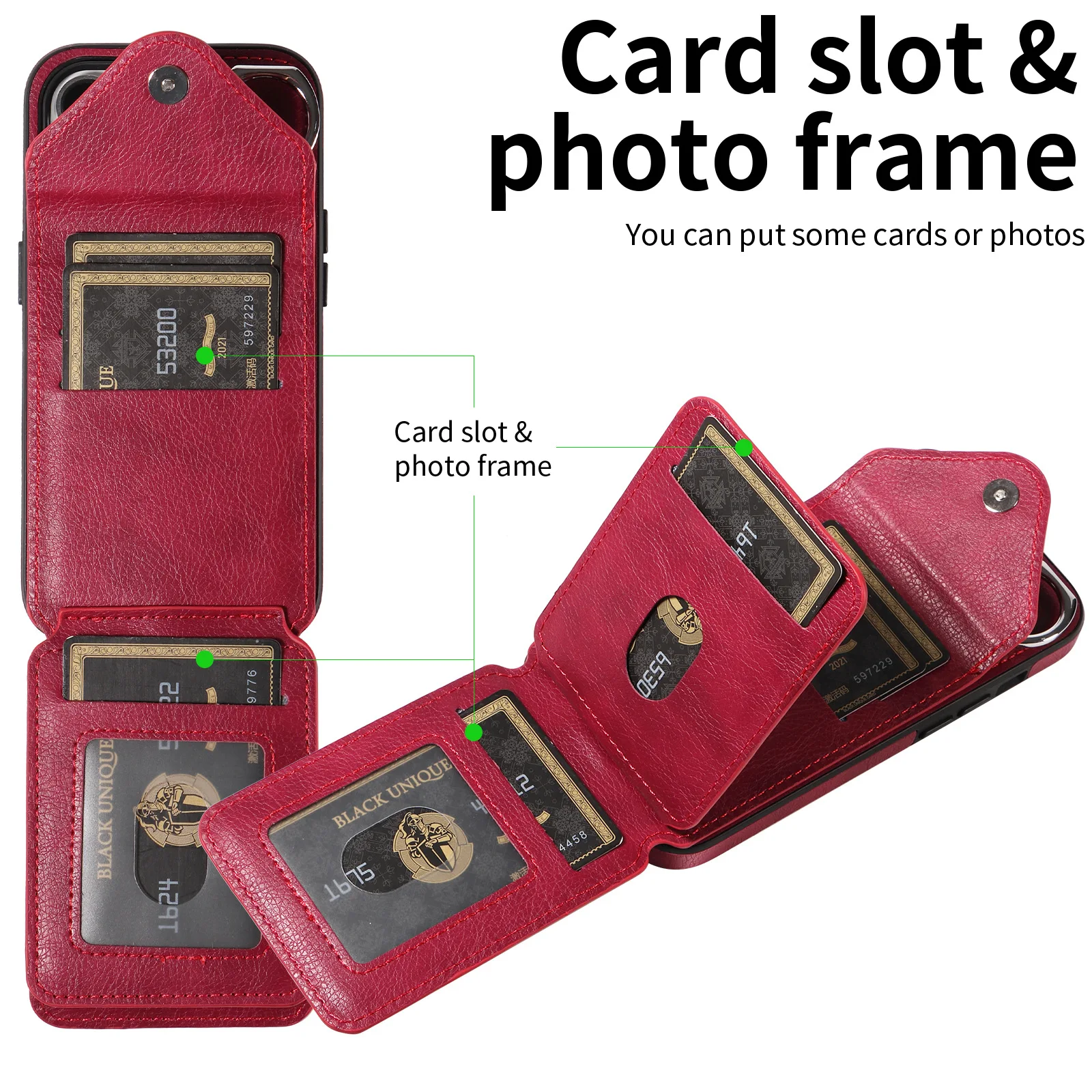 Shockproof Wallet Case with Card Holder Slots Ring Wricst Strap PU Leather case for iPhone 15
