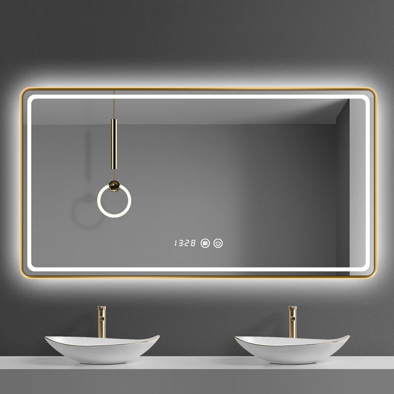  Bathroom wall metal frame LED gold mirror Hotel toilet makeup Black smart