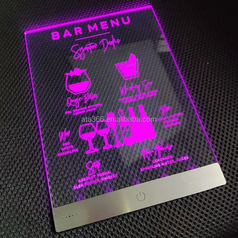 10 Custom LED Type C Recharged battery LED Music Acrylic Restaurant Menu LED Bar Menu with Gift box Neon Restaurant Menu Display