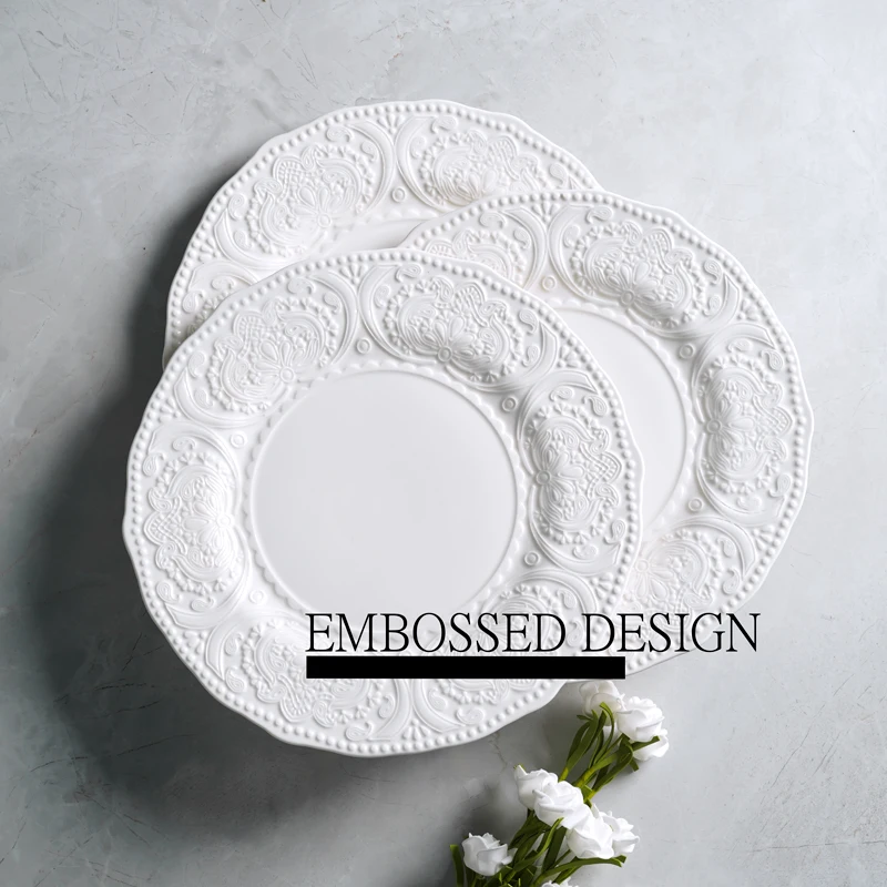 Hot Selling Baroque White Plate Ceramic Embossed Design Porcelain Tableware