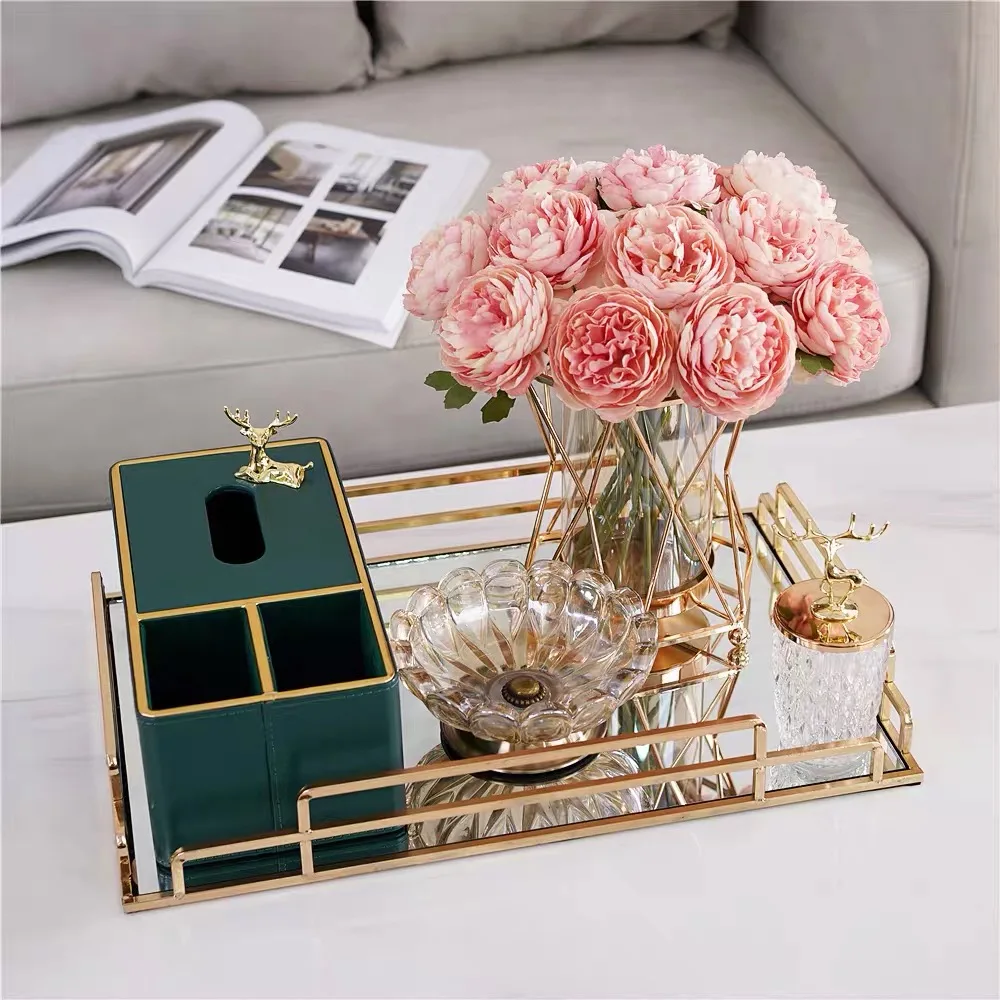 Wholesale Vanity Gold Metal Glass Mirror gift tray iron jewelry display trays for wedding