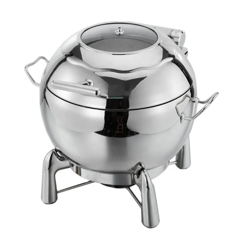High Quality Stainless Steel Hydraulic Buffet Food Warmer Chafing Dish Glass Lid 11qt 11L Round Soup Chafer