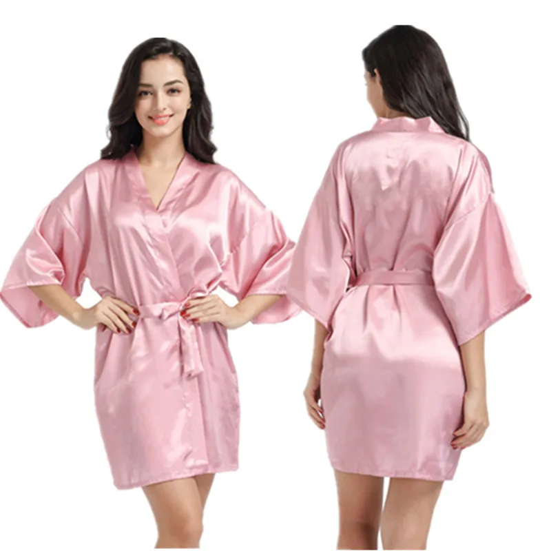 Summer Fashion Plain Sexy Robe Half Sleeve Nightgown Silk Satin Kimono Spa Robes Women Robe Sleepwear