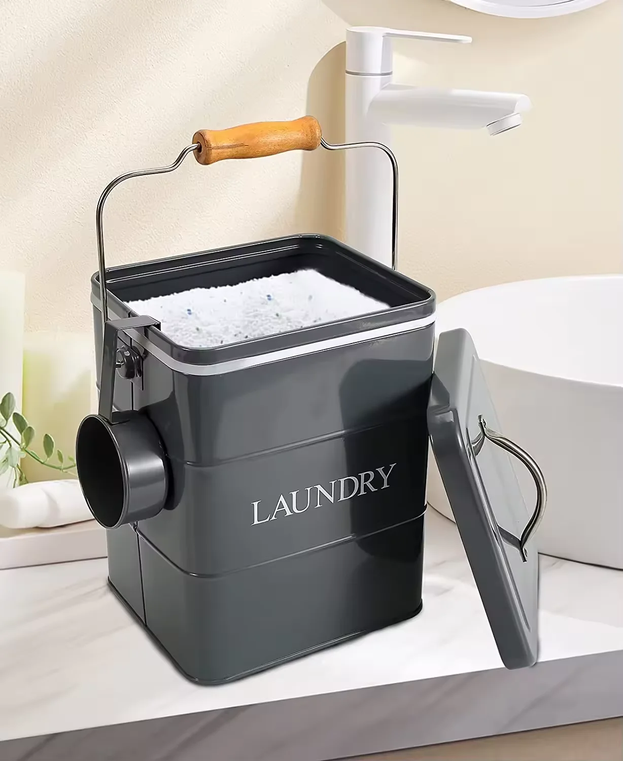Laundry Room Organization Storage Home Metal Laundry Powder Box With Lid And Wooden Handle
