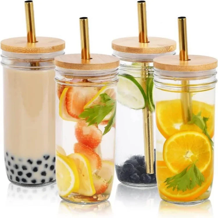16 oz soda clear can shaped glass beer can bubble tea glass cup with wooden lid and spoon