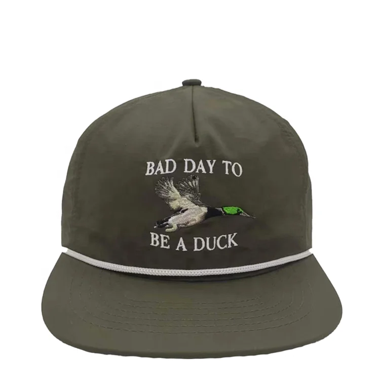 Wholesale Custom 5 Panel Soft Fabric Dad Hat High Quality Fitted Dark Green Snapback Hat Man Women Nylon Snap Back Cap With Rope