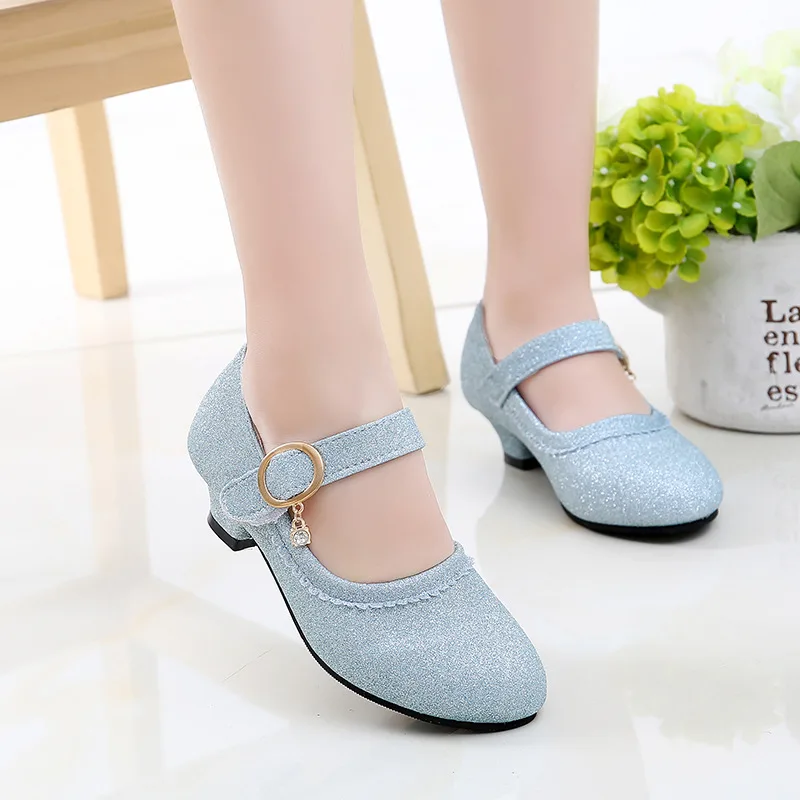 
student chunky heel blue baby shiny bling little princess girl footwear kids wedding part dance glitter sparkle mary jane shoes 