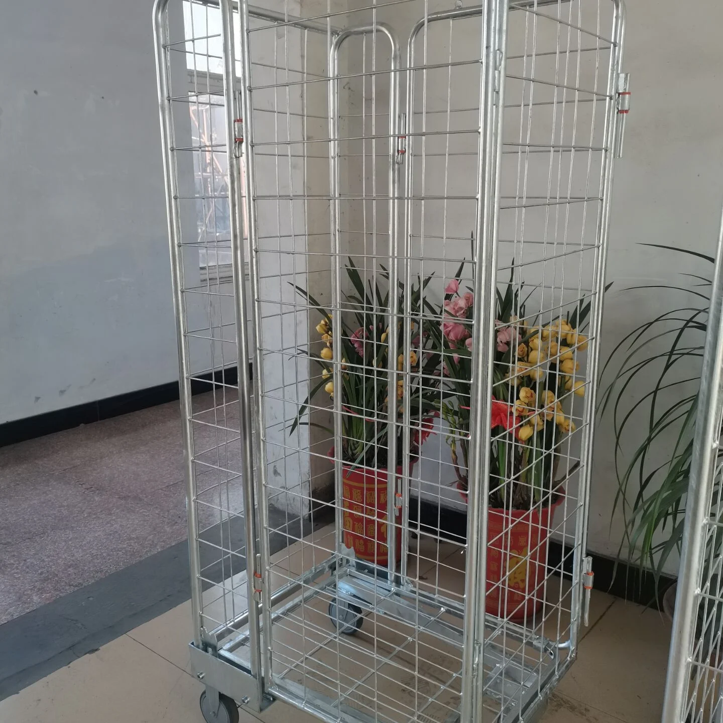 Lower Cost Wire Mesh Four Sided Nestable & Foldable Roll Container Trolley