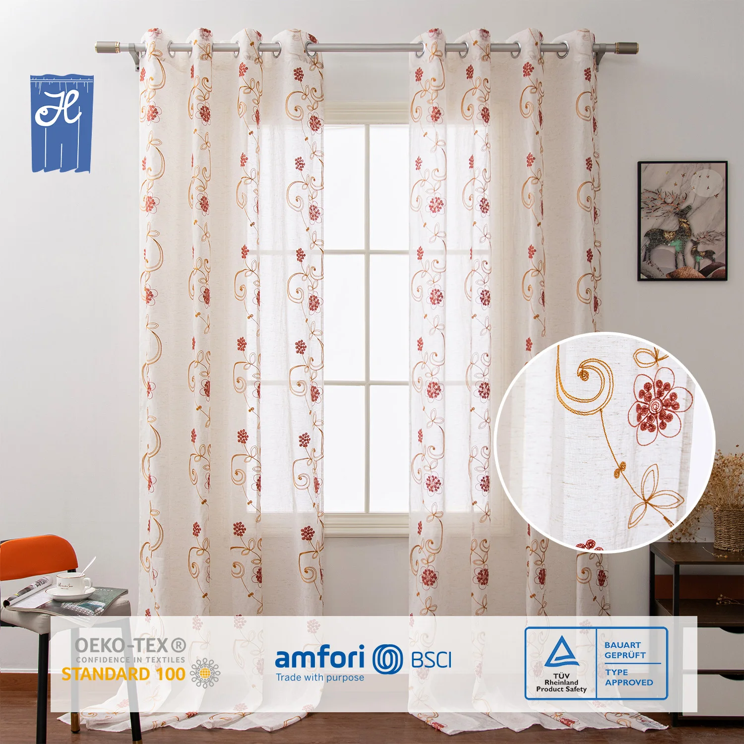 Wholesale Low MOQ Floral Pattern Embroidery Sheer Window Curtains Tulle Embroidered Drapes For Home Living Room