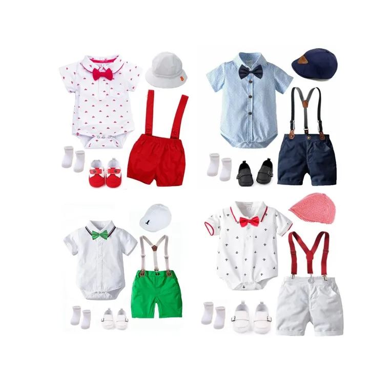 Summer Boys Outfit Hat Shoes Baby Clothes Set Bow Tie Bib Suit Newborn 7 Pieces Party Birthday Clothes 3 6 9 1 2 18  Months