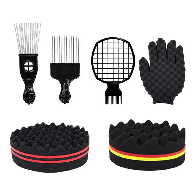 Barber Hair Styling Metal Afro Hair Pick Comb and Hair Twist brush Magic Curl Sponge Glove set