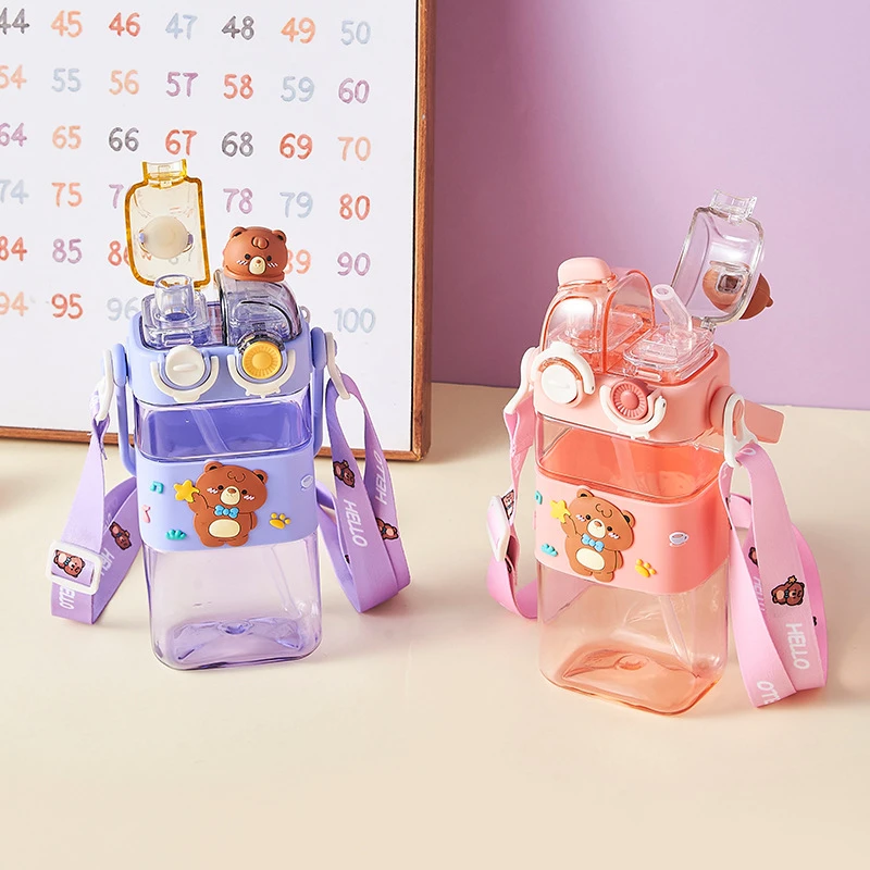 J94 580ml cute doll cartoon kids plastic water bottle with straw strap handle school double drink bear sports bottle for student