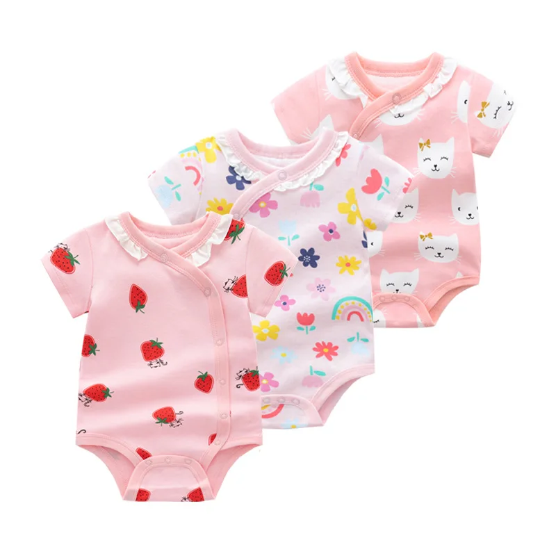 OEM Custom Spring Summer Baby Bodysuit Clothes 100 % Cotton Solid Color Short Sleeve Newborn Baby Romper for Girls