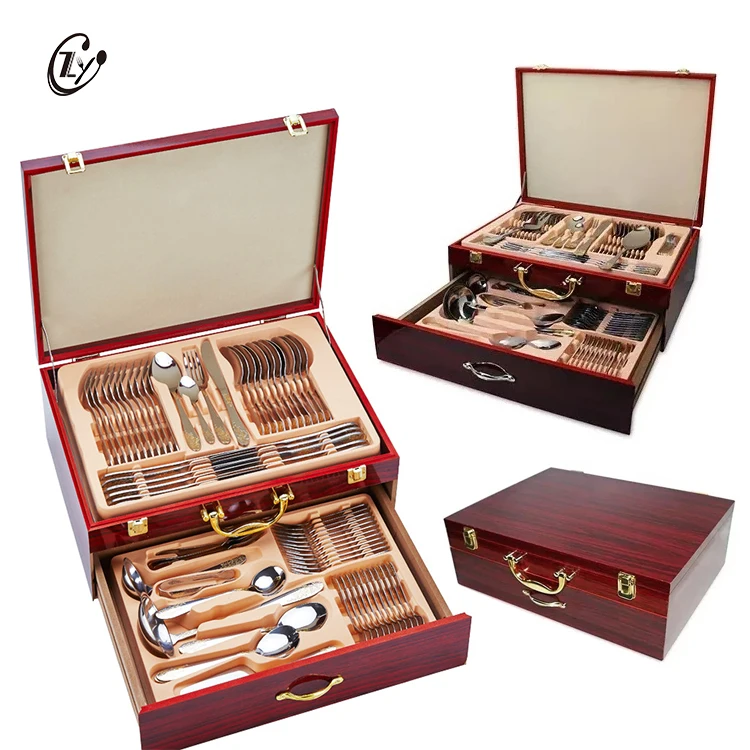 Classic Wooden Packing Inox 18/0 Flatware Sets Stainless Steel Royal 72/84 Pieces Cutlery Sets With Suitcase