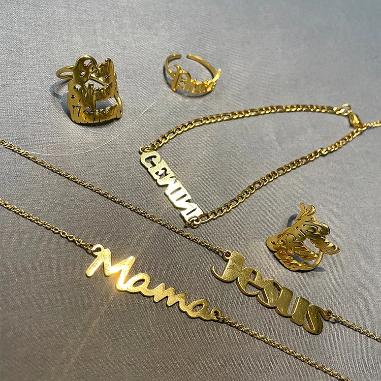 Personalize customised personalised 18k gold plated stainless steel nameplate name plate pendant necklace