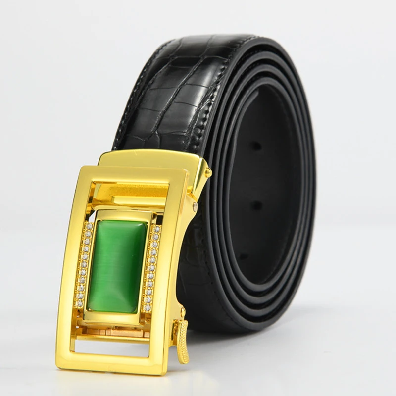 Fashion Designer Jade Fake Leather Belts,Alloy Gold Buckle Belts Leather Men With Studded Rhinestone