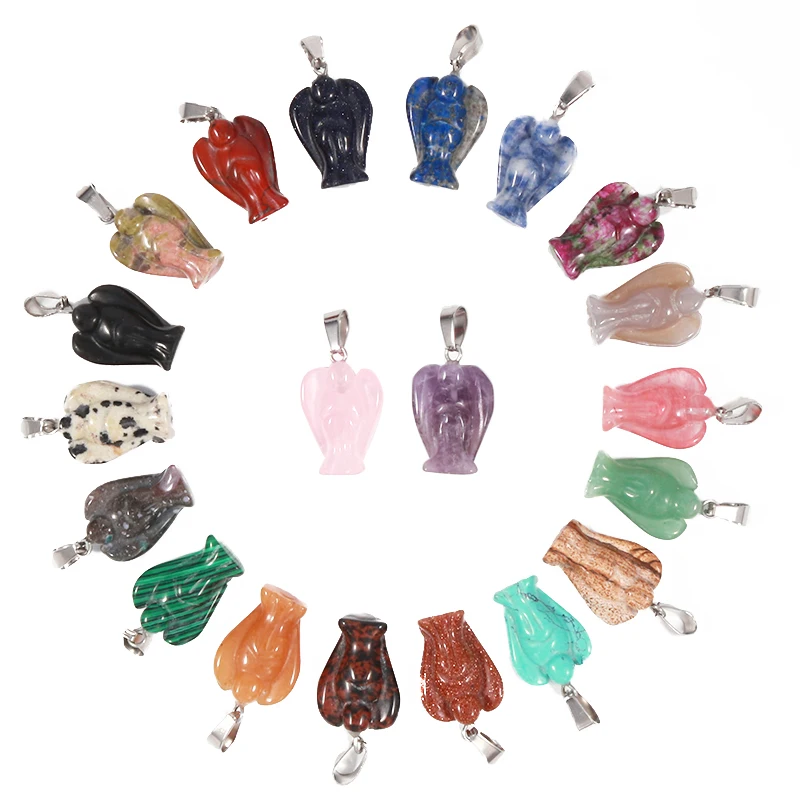 Charms 15*20mm Natural Crystal Gemstone Angel Pendant Mixed Carved Guardian Angel Statue Pendants for Jewelry Necklace