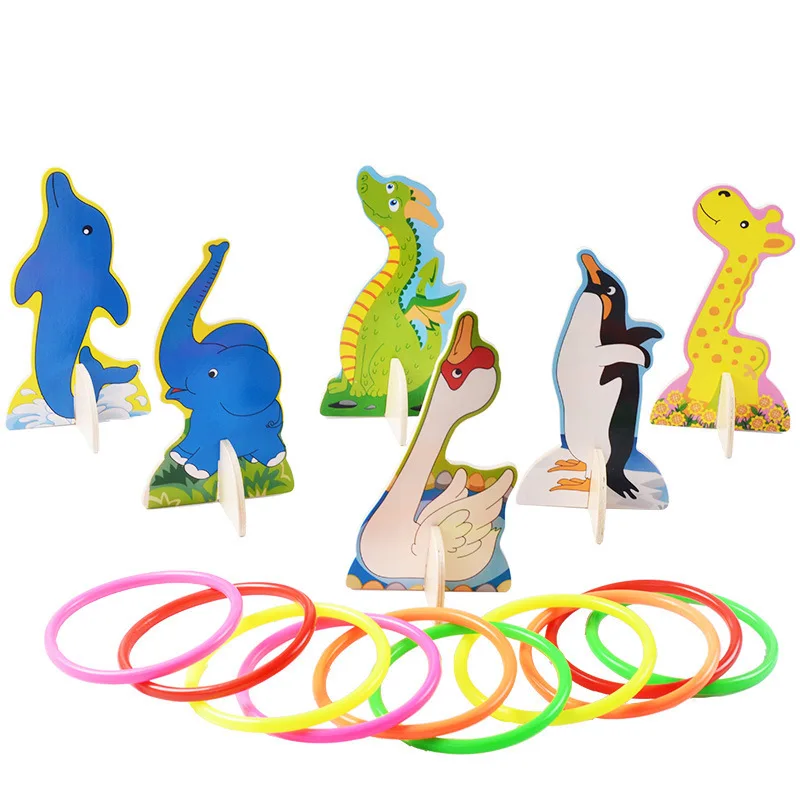 New Trending Wooden Toys Cartoon Animals Ring  Puzzle Toys Game Parent-child Fidget toys Outdoor Children Funny Throwing Loops