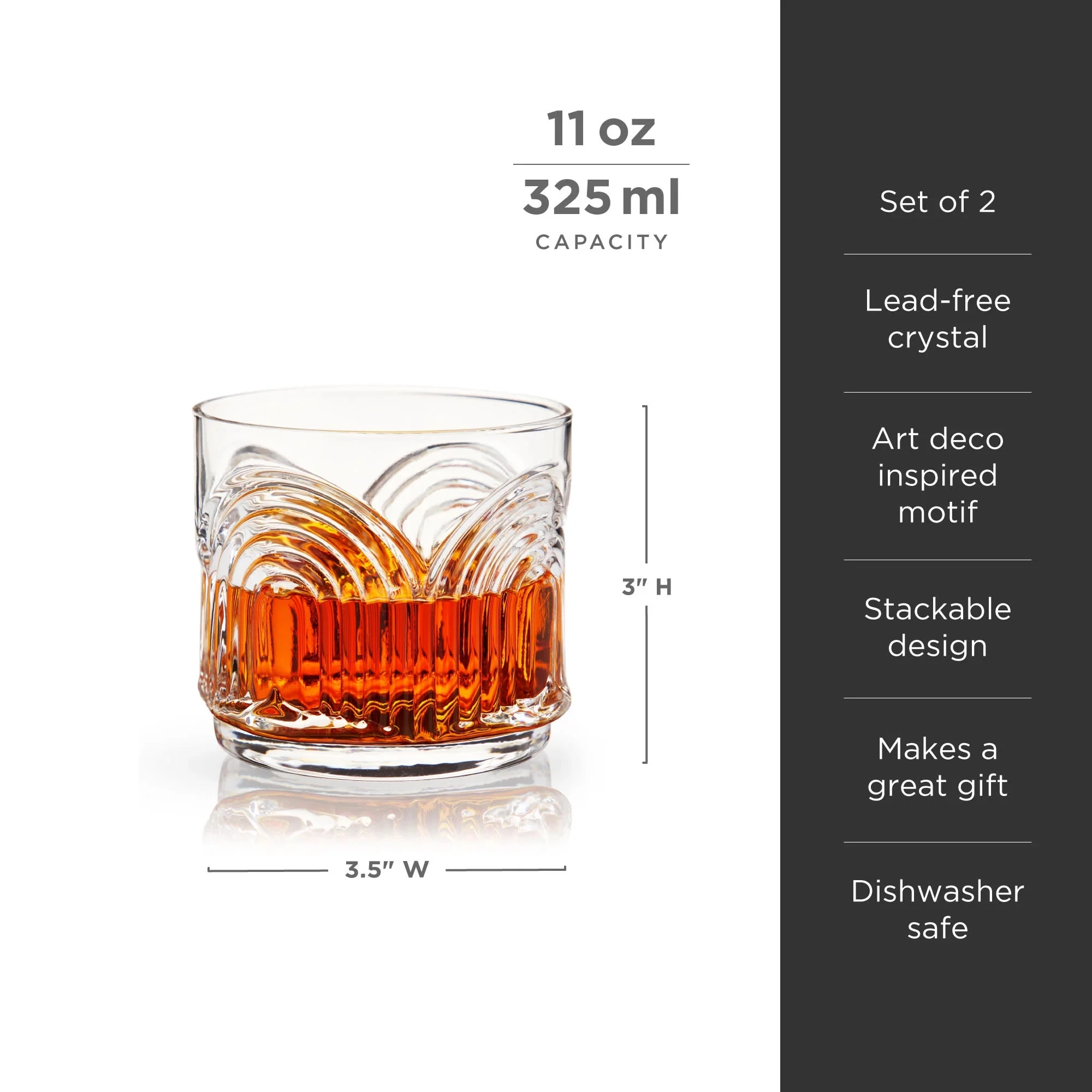 Factory Wholesale Old Fashioned 11 oz Arch U Shaped Lead-free crystal Clear Lowball Tumbler Whiskey Rock Glasses Set