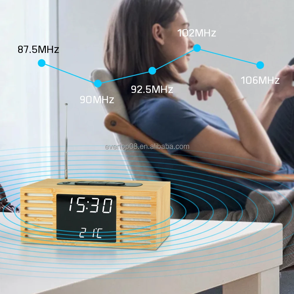 ET589 Home Decoration High Quality LED Bamboo Clock with FM Radio