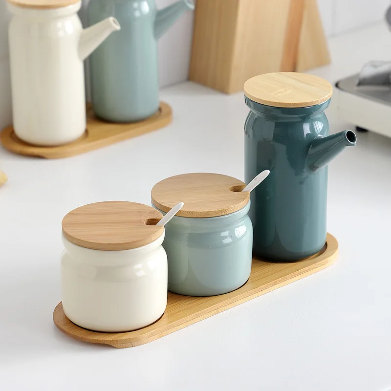 
Nordic kitchen seasoning jar household ceramic seasoning box sets with lid and spoon soy sauce bottle oil bottle creamer jar 