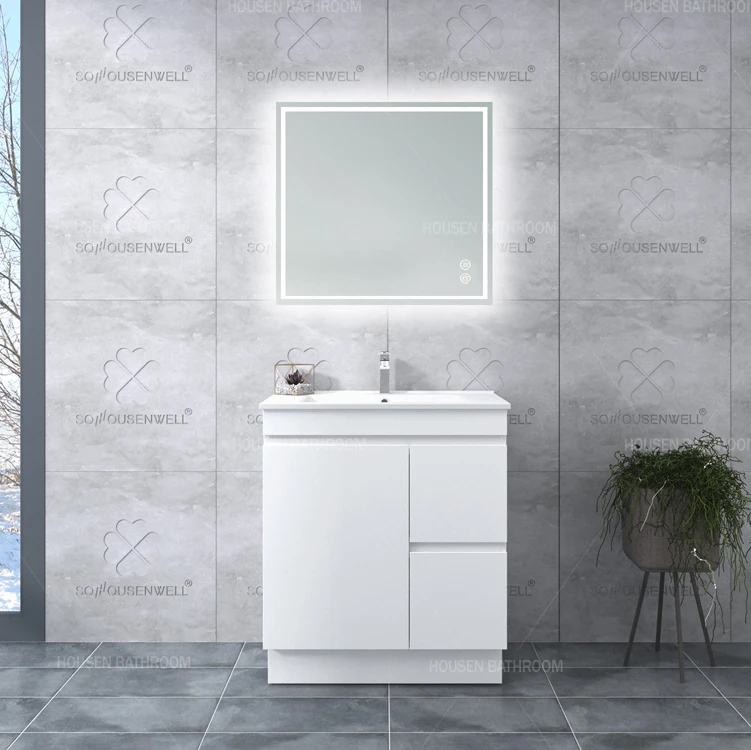 Modern American Style Solid Wood Bathroom Vanity Units Floor-Standing Sink Vanity with Ceramic Countertop in Melamine Material