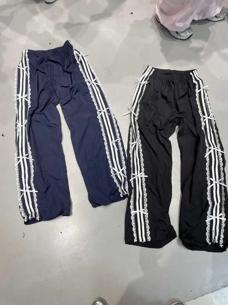 Bomblook Z1029PT01 2024 Striped Lace Bow Cargo Casual Pants Loose Sporty Trousers Slim Fashion Sweatpants for Women