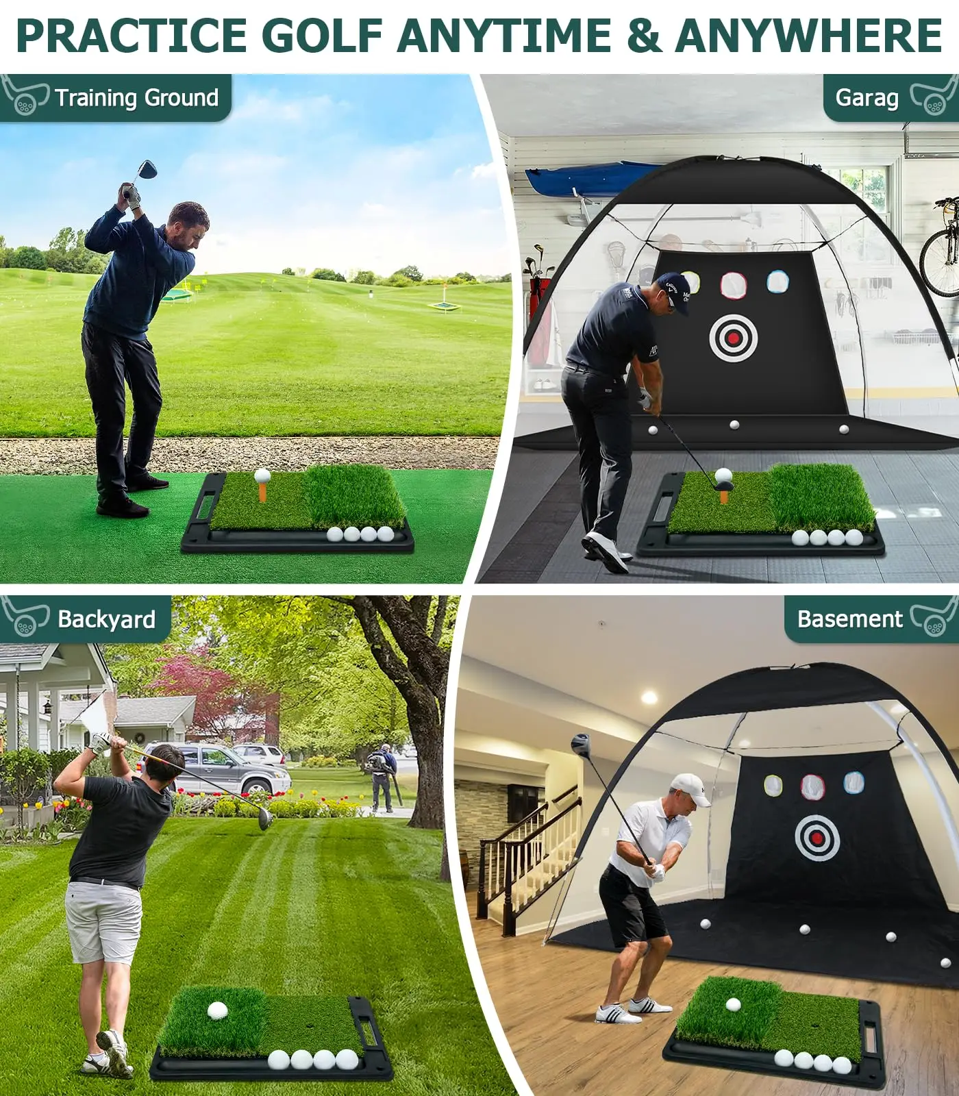 Outdoor Golf Chipping Mat with 2 Different Turf Rubber Base Accessories for Training