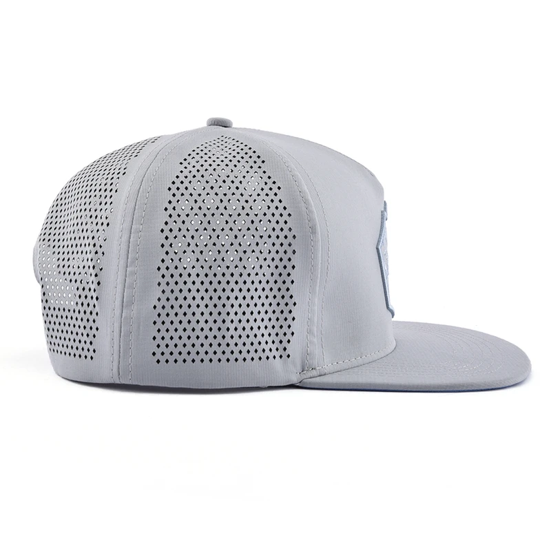 customised 5 panel laser cut drilled hole nylon custom luxury snapback hat embroidered cap for men