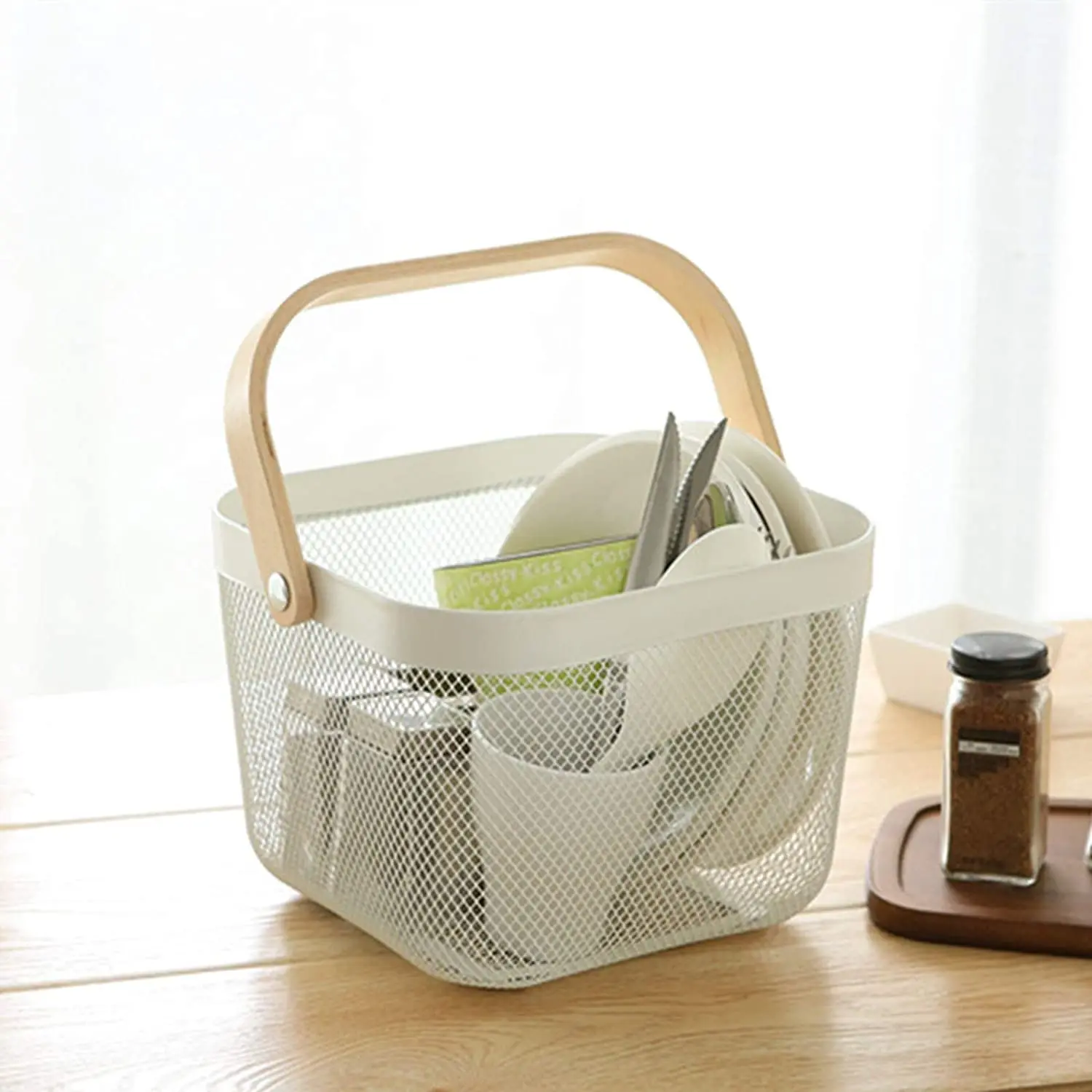 Multi-function Hanging Kitchen Mesh Metal Wire Baskets Fruit Basket Bin with Wood Handle for Kitchen